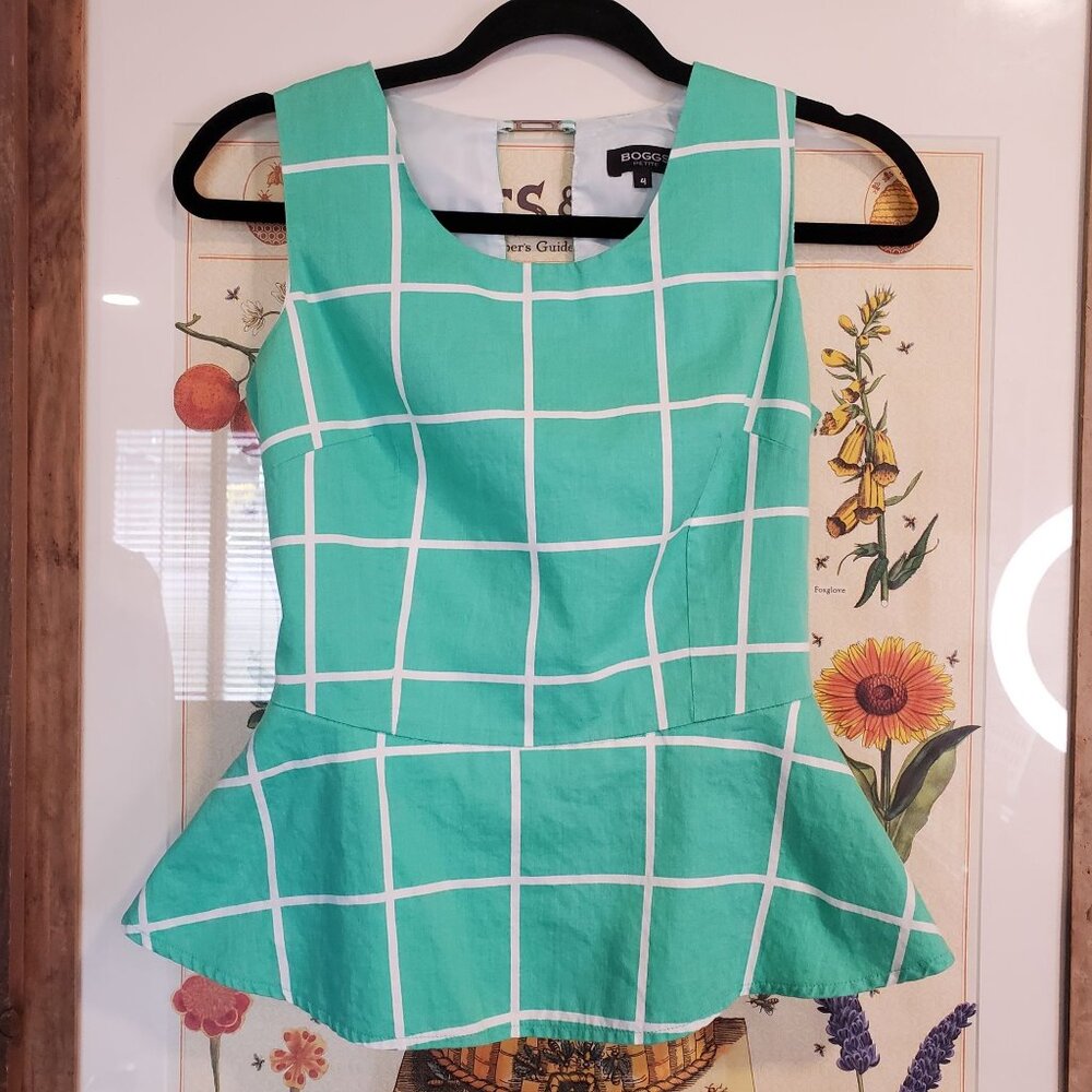 Boggs Sleeveless Green White Gingham Peplum Top Women's 4 Petite